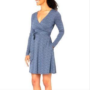 Toad&Co cue wrap dress true Navy herringbone print, sz L, organic cotton.